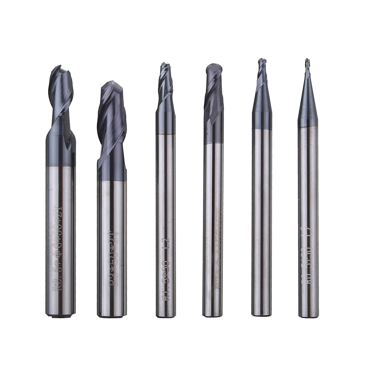 Drillpro 6pcs Carbide 2 Flute Ball Nose End Mill Nitrogen Coated CNC Slot Drill R0.5 to 3mm