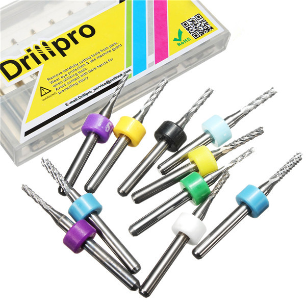 Drillpro 10PCS 1.5-2.4mm Carbide End Mill PCB Cutter 3.175mm Shank Engraving Bit