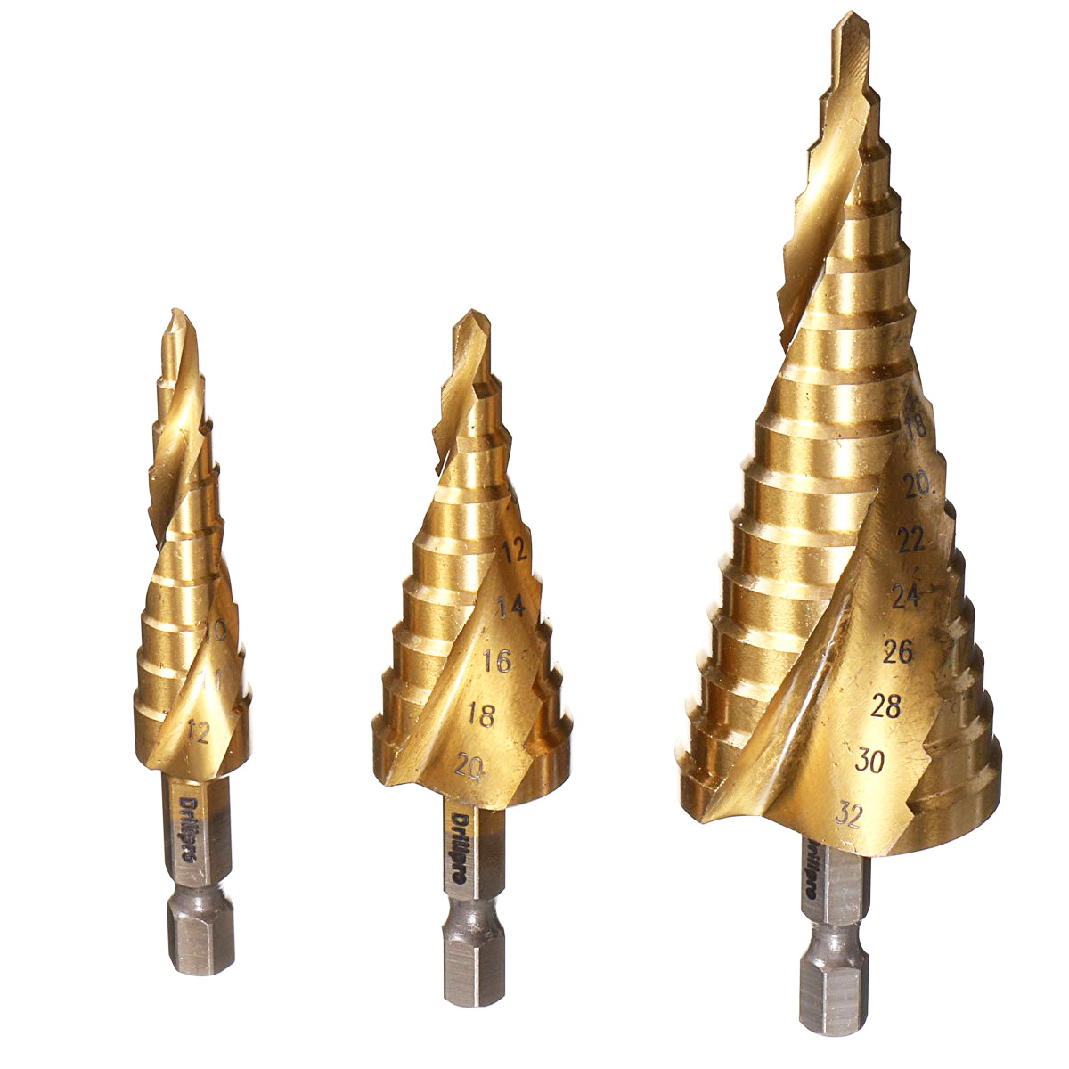 3x HSS Spiral Grooved Step Cone Drill Drills Bit 4mm-12mm/20mm/32mm Hole Cut