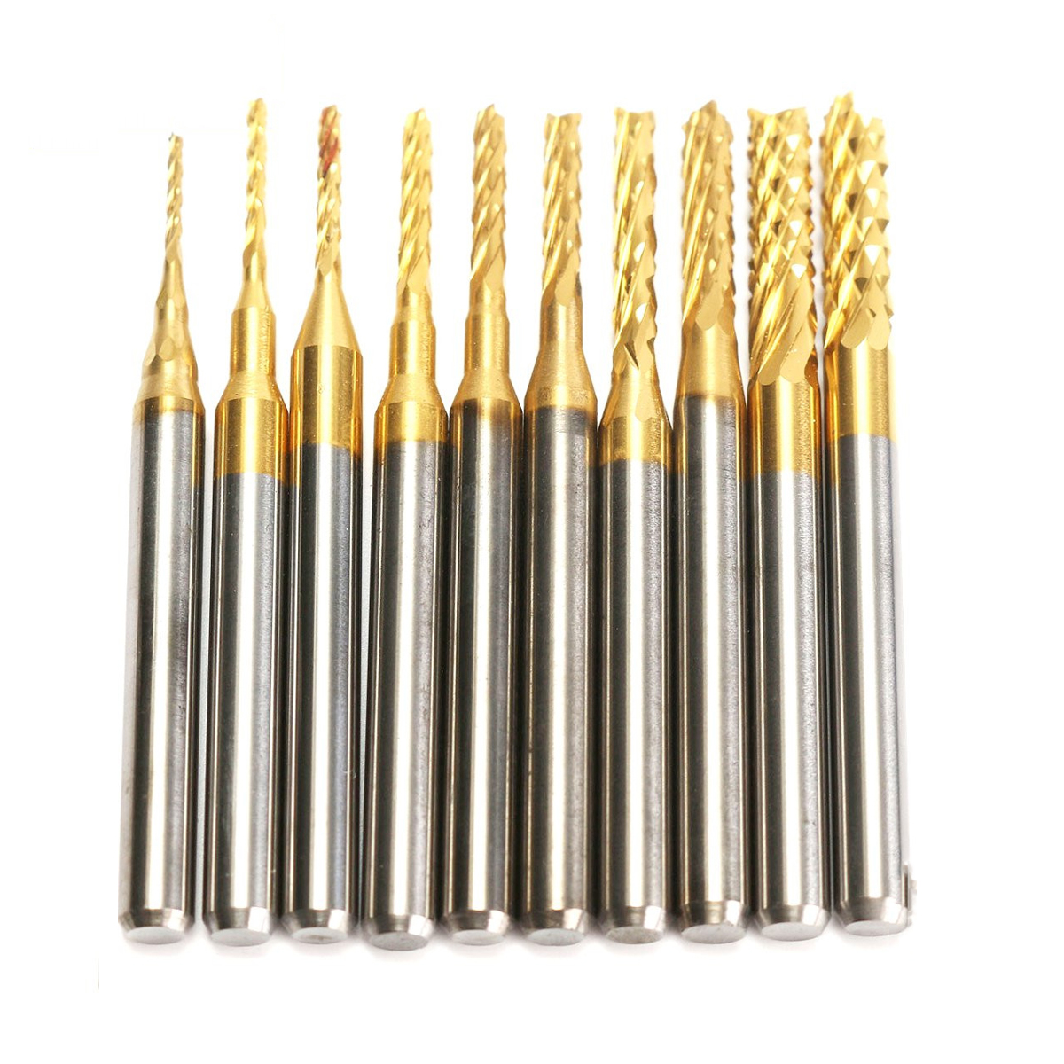 Drillpro 10pcs 1.3mm-3.175mm Carbide End Mill Engraving Bits for CNC PCB Rotary 