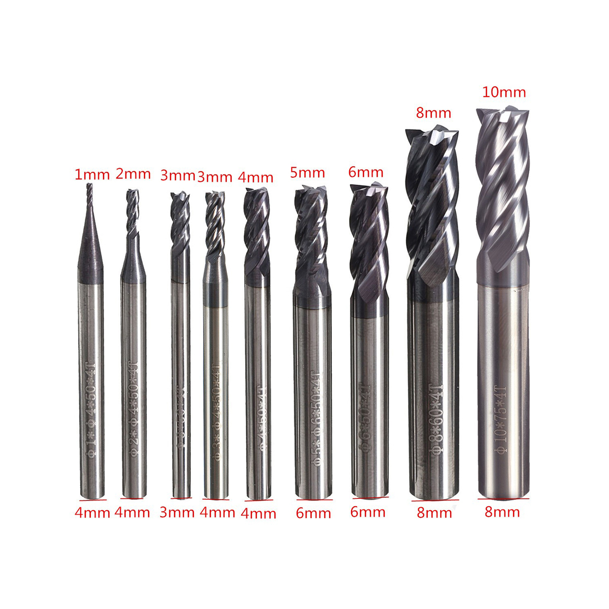 Drillpro 4 Flutes Tungsten Carbide End Mill Set Straight Shank CNC tool 1MM-10MM,Tungsten steel,4 Flute End Mill Cutter