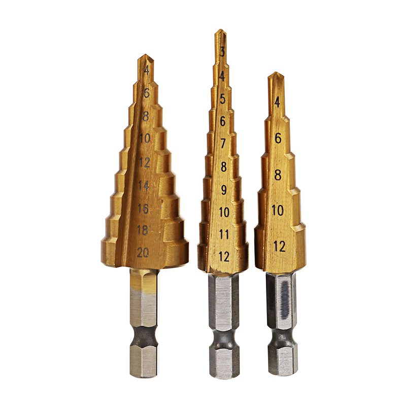 Drillpro 3Pcs HSS Titanium Step Drill Bits Set 3-12mm/4-12mm/4-20mm