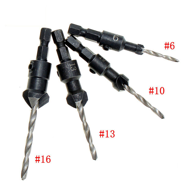 Drillpro 4pc Tapered Wood Drill Countersink Hex Shank Drill Screw #6 #10 #13 #16