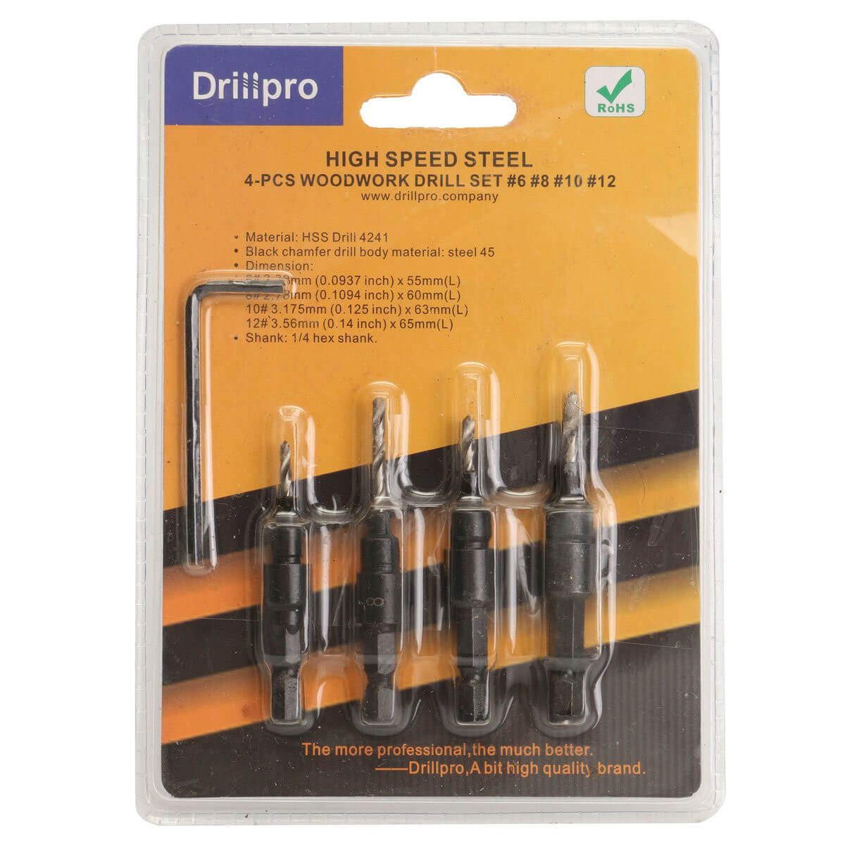 Drillpro 4pcs HSS Countersink Drill Bit Set Quick Change Hex Shank Screw #6 #8 #10 #12