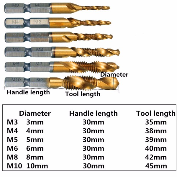 Drillpro 6Pcs 1/4'' Inch HSS 6542 Titanium Coated M3-M10 Combination Drill Tap Bit Set