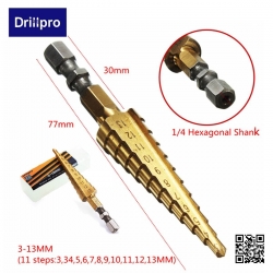 Drillpro Titanium Coated 11 Step Drill 1/4' Hex Shank 3/4/5/6/7/8/9/10/11/12/13mm